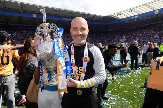 King Power Stadium - May 4: Enzo Maresca lifts the Championship Trophy in front of Leicester City fans after the game against Blackburn Rovers on May 4, 2024.(Credit: Leicester City/Getty Images)