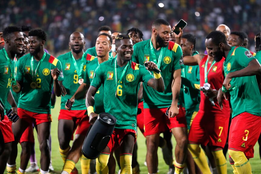 Cameroon national team players celebrate after winning the AFCON 2022 third place match against Burkina Faso in Yaounde, Cameroon.  Photo Courtesy; Reuters.